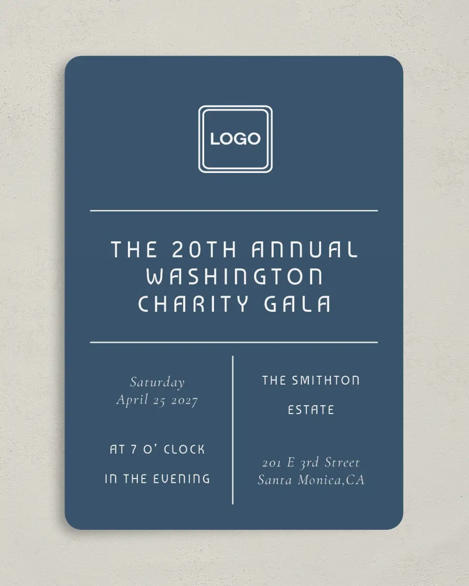 This is a 5" x 7" Rounded Gala Invitation called Gracious Gala printed in full color on Premium Smooth paper