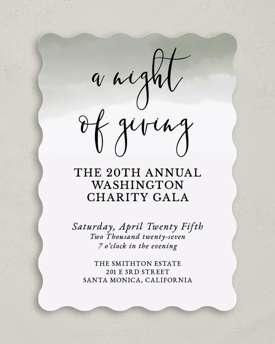 This is a 5" x 7" Wavy Gala Invitation called Night of Giving printed in full color