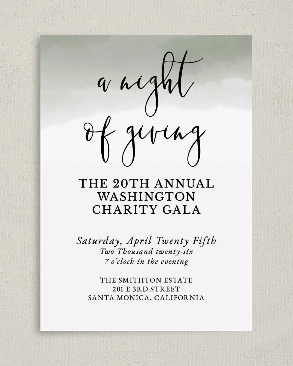 This is a 5" x 7" Rectangle Gala Invitation called Night of Giving printed in full color on Premium Smooth paper