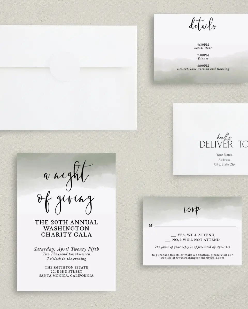 This is a 5" x 7" Rectangle Gala Invitation called Night of Giving printed in full color on Premium Smooth paper