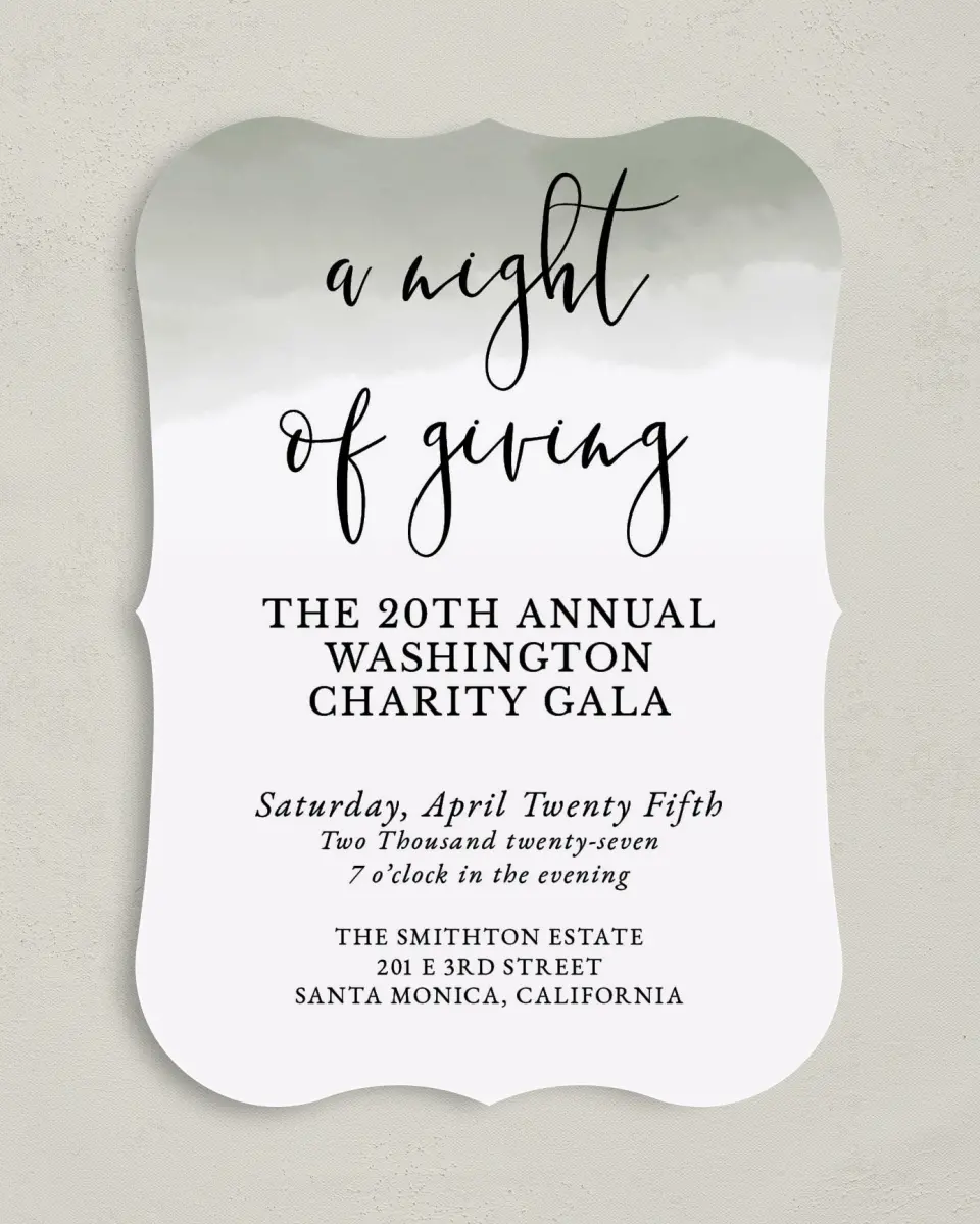 This is a 5" x 7" Bracket Gala Invitation called Night of Giving printed in full color on Premium Smooth paper