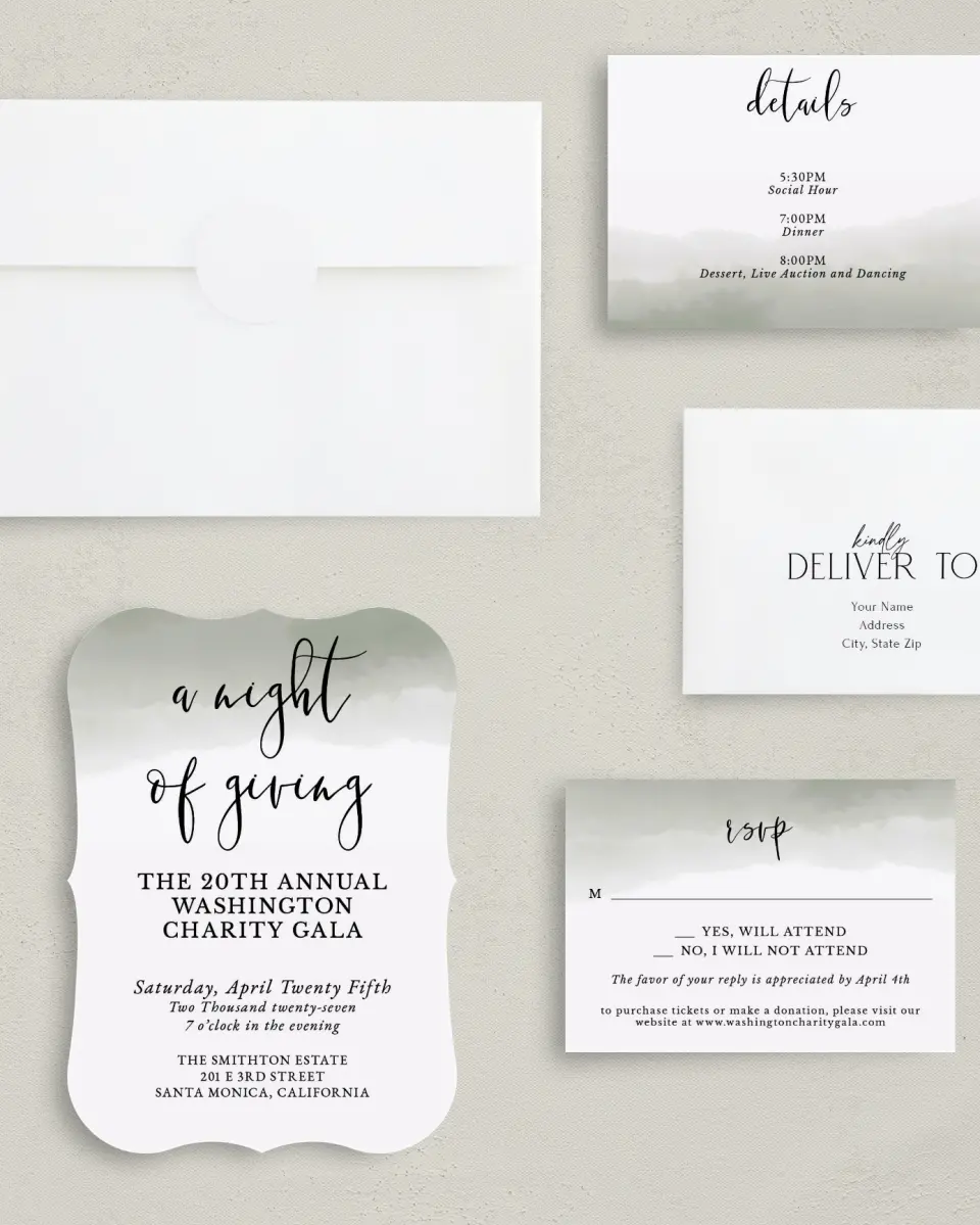 This is a 5" x 7" Bracket Gala Invitation called Night of Giving printed in full color with Silver foil on Luxe Satin (coated) paper