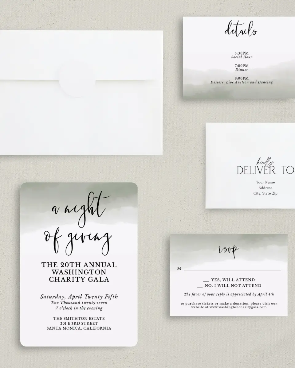 This is a 5" x 7" Rounded Gala Invitation called Night of Giving printed in full color with Gold foil on Luxe Satin (coated) paper