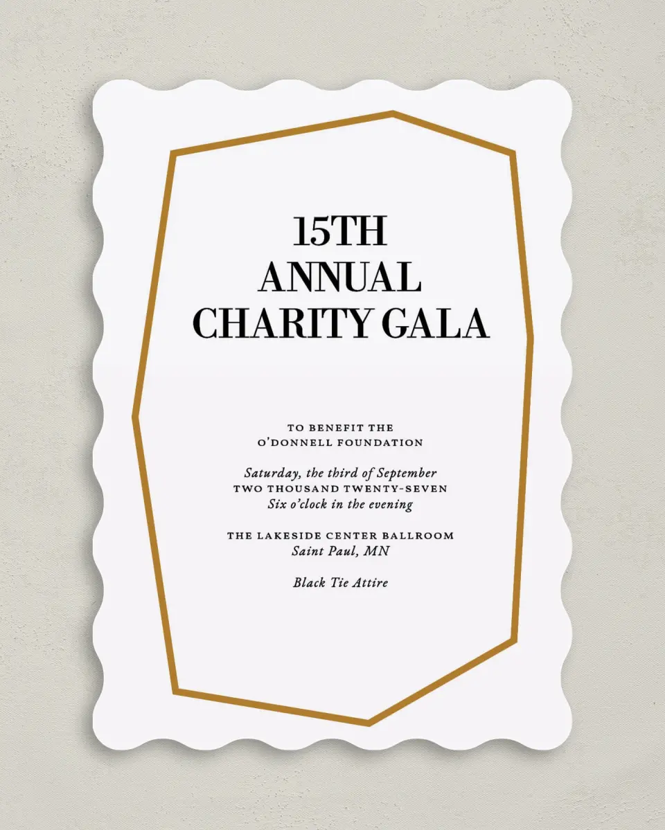 This is a 5" x 7" Wavy Gala Invitation called Black Tie Affair printed in full color