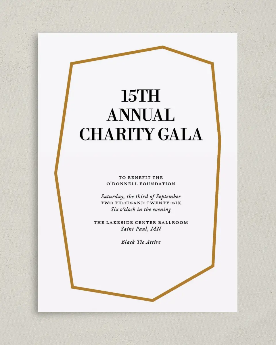 This is a 5" x 7" Rectangle Gala Invitation called Black Tie Affair printed in full color on Premium Smooth paper