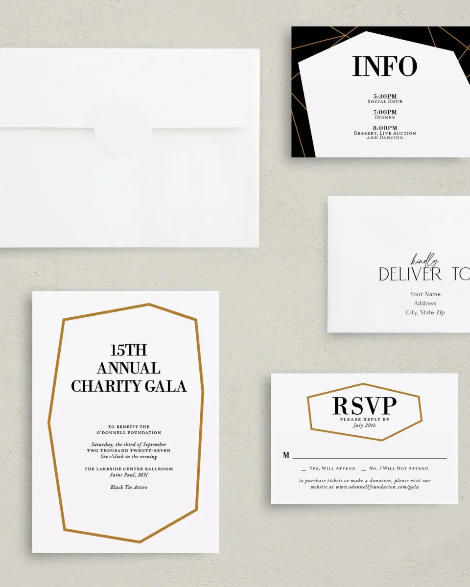 This is a 5" x 7" Rectangle Gala Invitation called Black Tie Affair printed in full color with Rose Gold foil on Luxe Satin (coated) paper