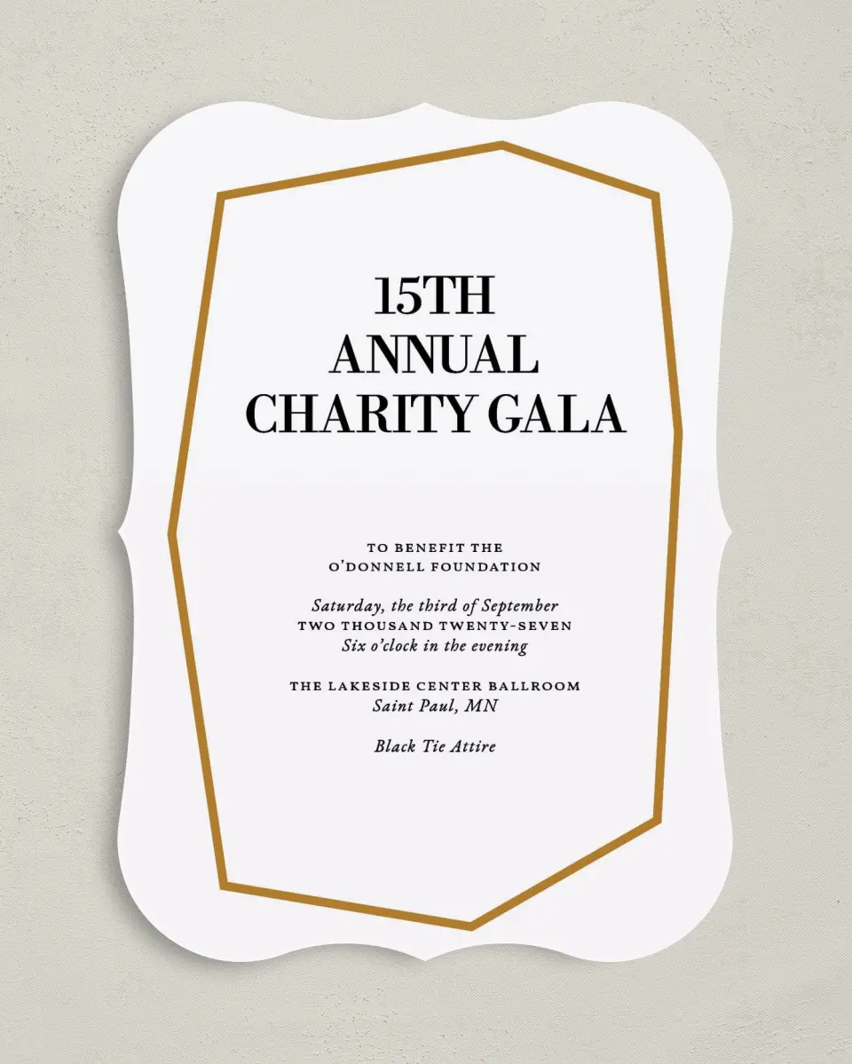 This is a 5" x 7" Bracket Gala Invitation called Black Tie Affair printed in full color on Premium Smooth paper