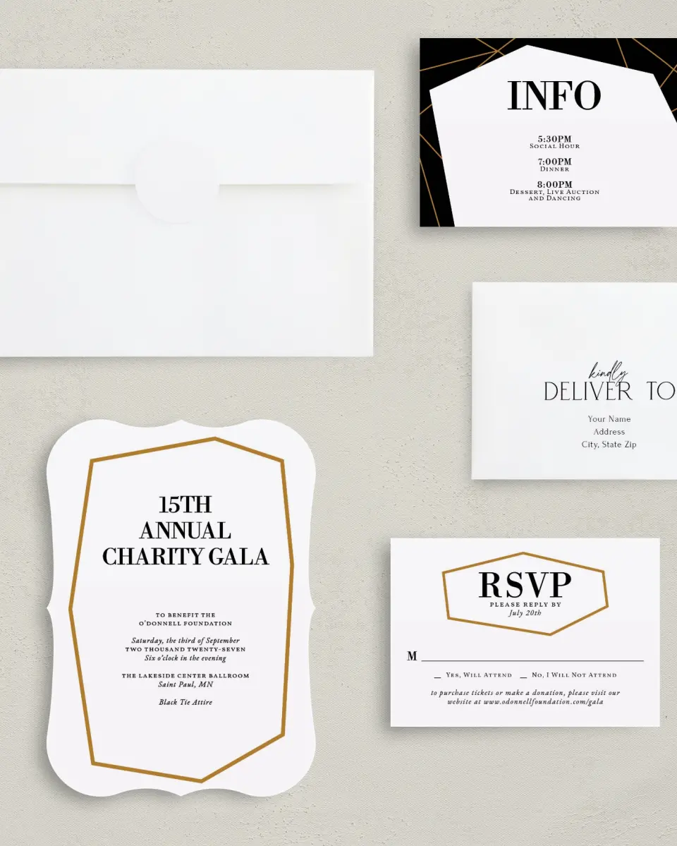 This is a 5" x 7" Bracket Gala Invitation called Black Tie Affair printed in full color with Silver foil on Luxe Satin (coated) paper