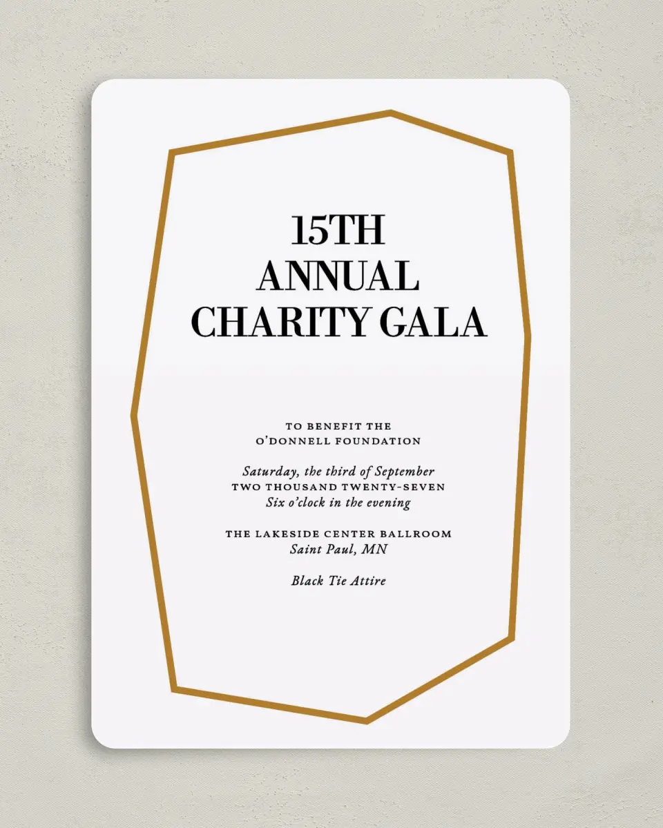 This is a 5" x 7" Rounded Gala Invitation called Black Tie Affair printed in full color on Premium Smooth paper
