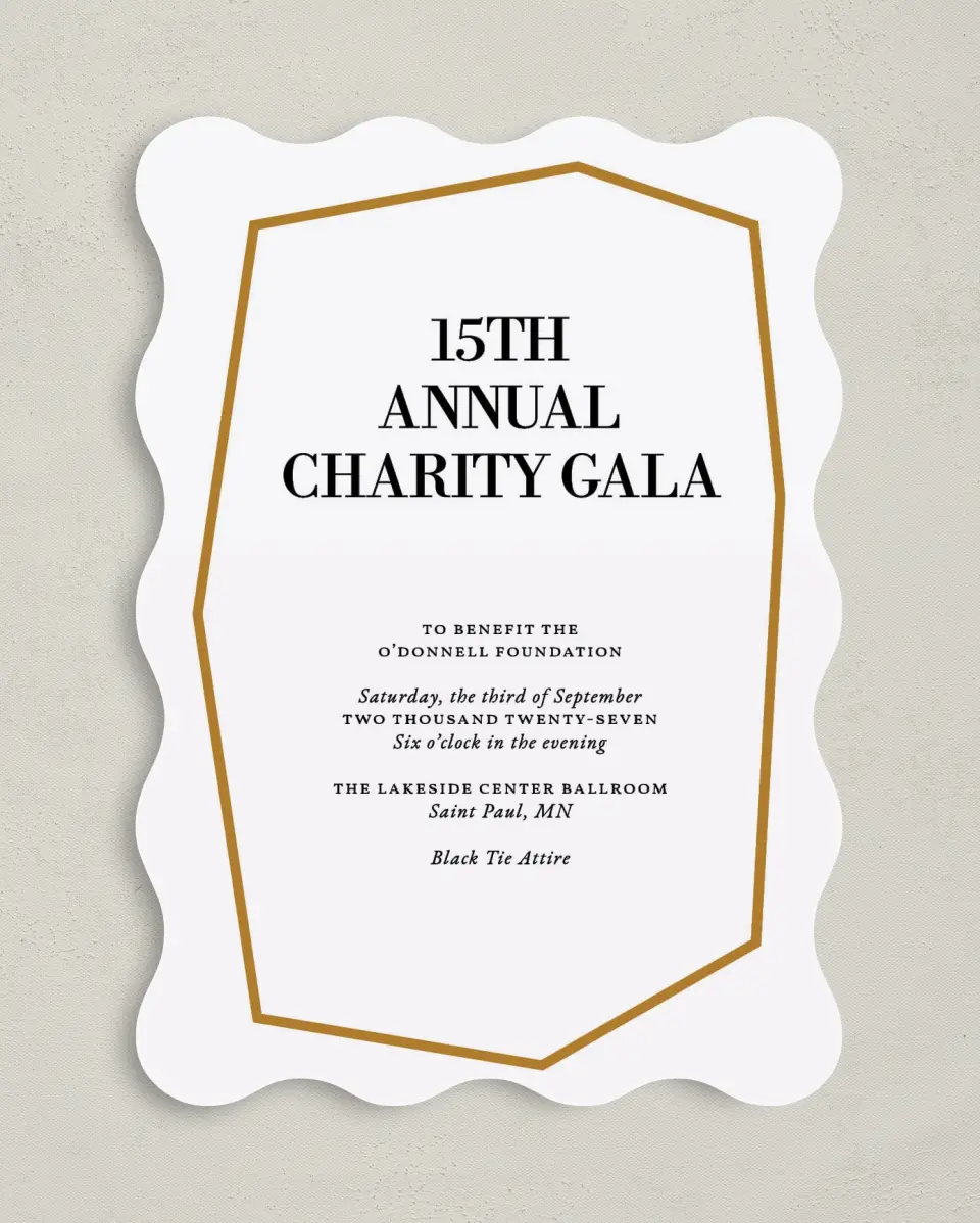 This is a 5" x 7" Wavy Gala Invitation called Black Tie Affair printed in full color