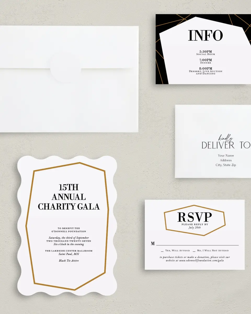 This is a 5" x 7" Wavy Gala Invitation called Black Tie Affair printed in full color with Gold foil on Luxe Satin (coated) paper