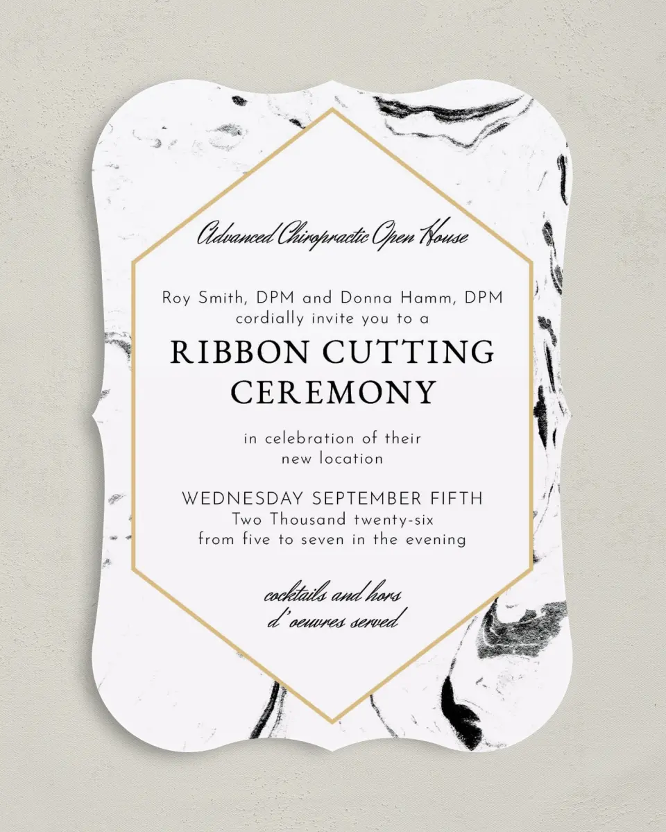 This is a 5" x 7" Bracket Gala Invitation called Cut the Ribbon printed in full color on Premium Smooth paper