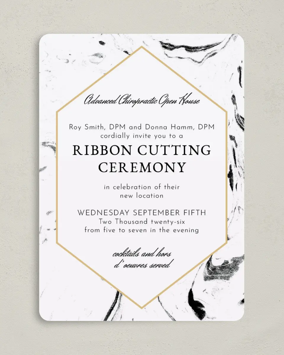 This is a 5" x 7" Rounded Gala Invitation called Cut the Ribbon printed in full color on Premium Smooth paper