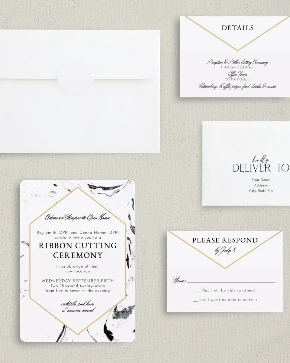 This is a 5" x 7" Rounded Gala Invitation called Cut the Ribbon printed in full color with Gold foil on Luxe Satin (coated) paper