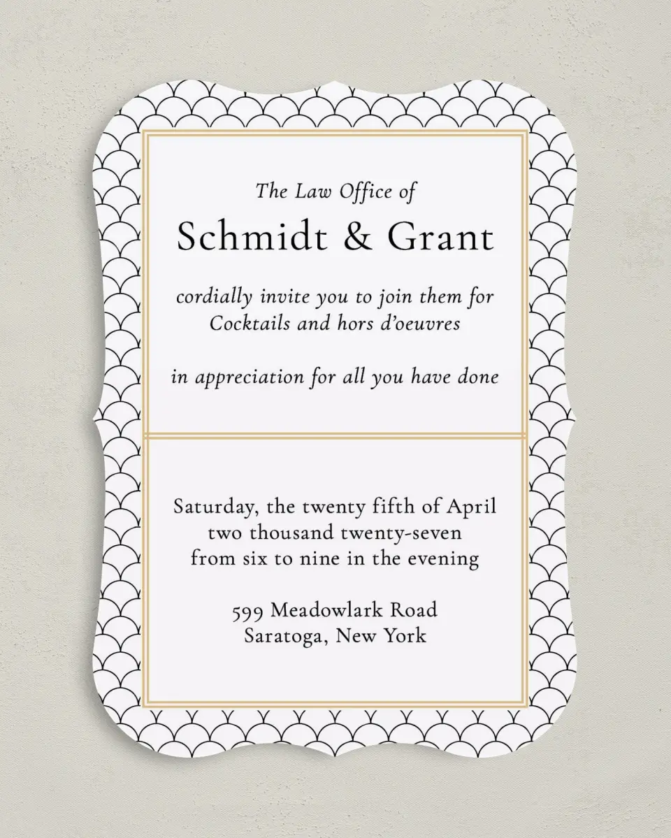 This is a 5" x 7" Bracket Gala Invitation called Evening Celebration printed in full color on Premium Smooth paper