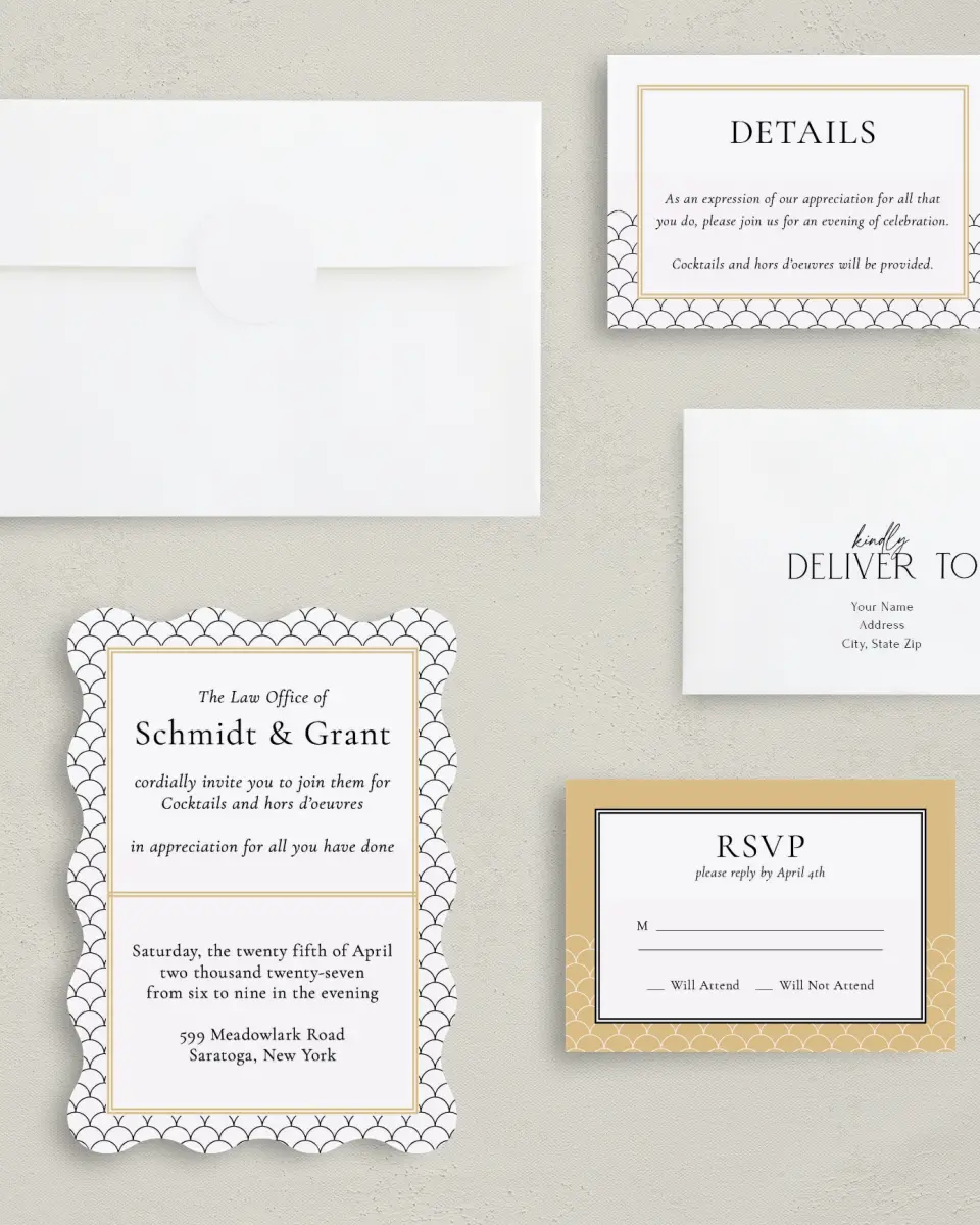 This is a 5" x 7" Wavy Gala Invitation called Evening Celebration printed in full color with Gold foil on Luxe Satin (coated) paper