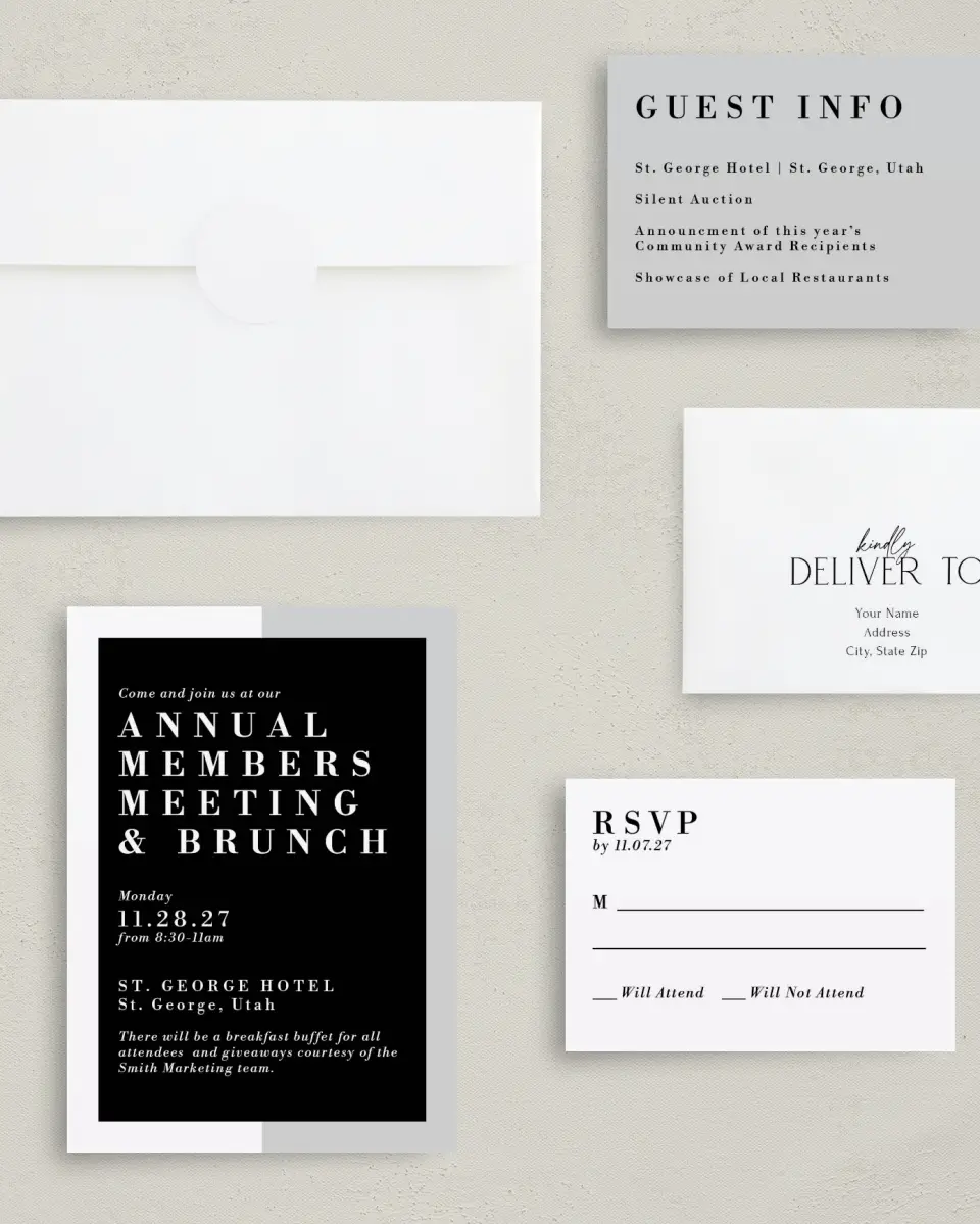 This is a 5" x 7" Rectangle Gala Invitation called Be Square printed in full color with Rose Gold foil on Luxe Satin (coated) paper