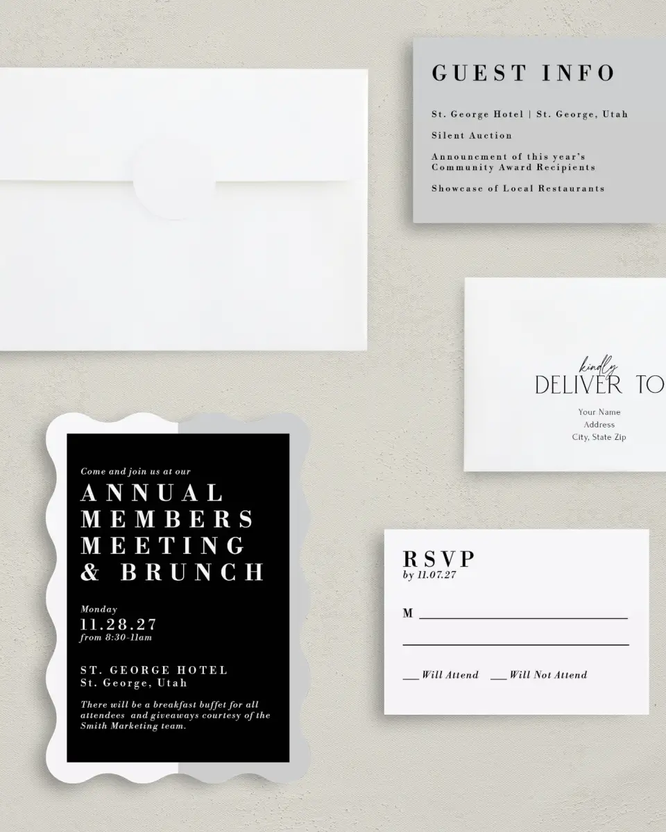 This is a 5" x 7" Wavy Gala Invitation called Be Square printed in full color with Gold foil on Luxe Satin (coated) paper