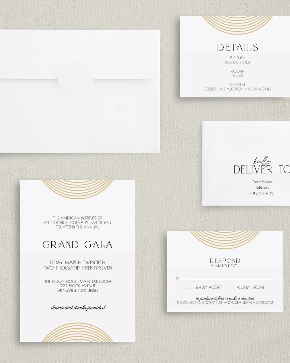 This is a 5" x 7" Rectangle Gala Invitation called Golden Gala printed in full color with Gold foil on Luxe Satin (coated) paper
