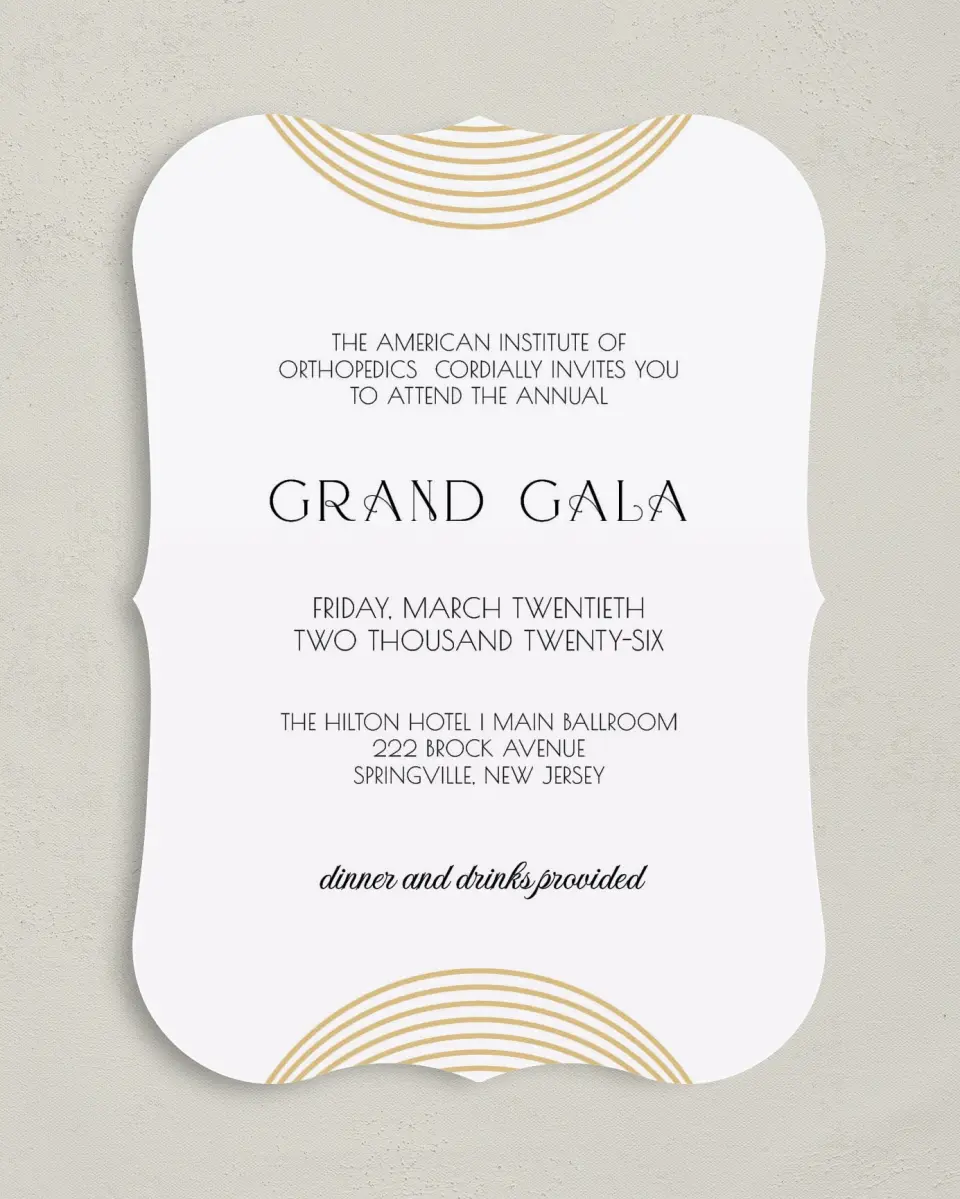 This is a 5" x 7" Bracket Gala Invitation called Golden Gala printed in full color on Premium Smooth paper
