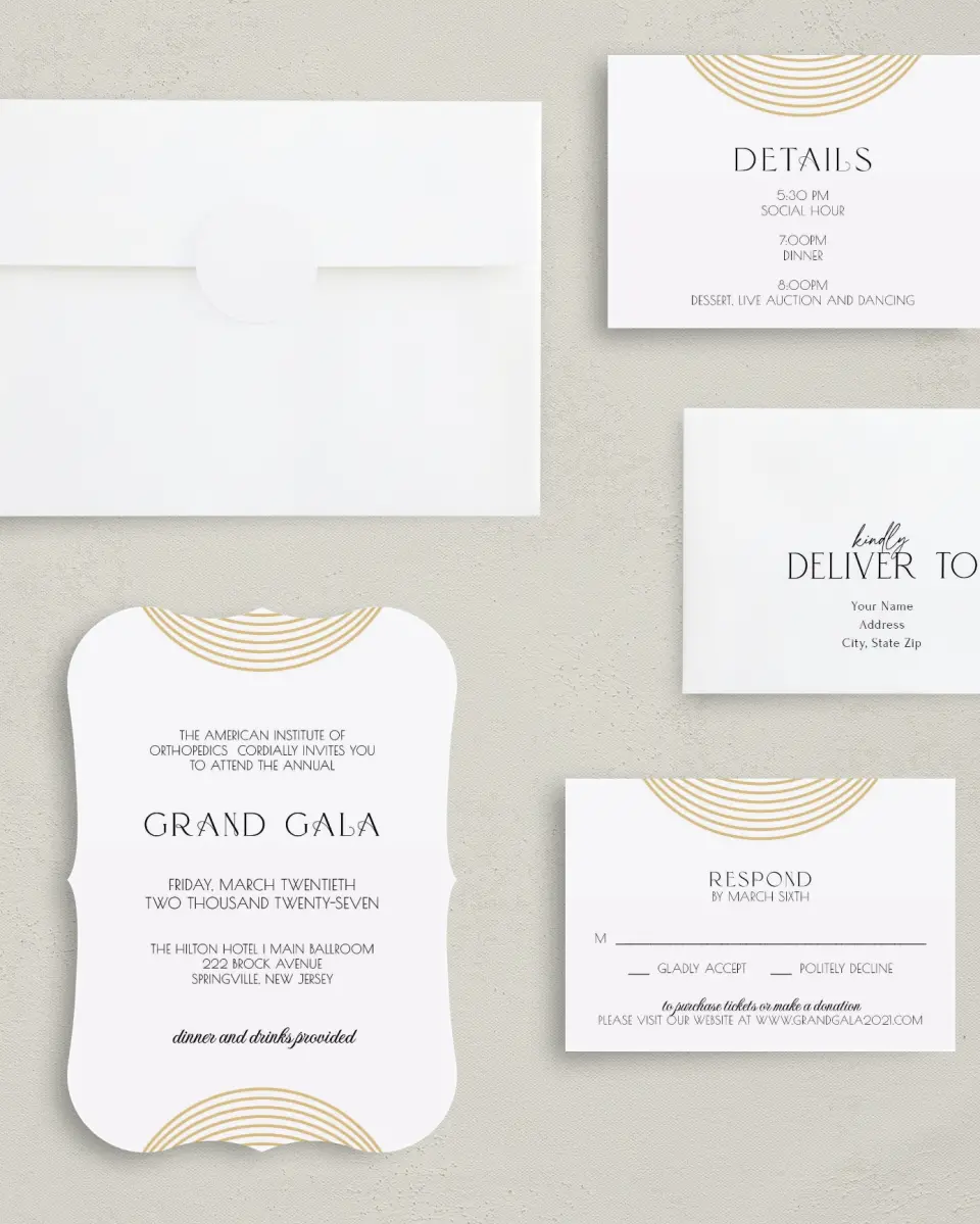 This is a 5" x 7" Bracket Gala Invitation called Golden Gala printed in full color with Silver foil on Luxe Satin (coated) paper