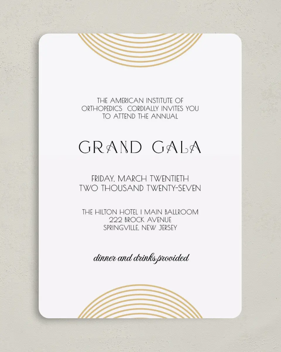This is a 5" x 7" Rounded Gala Invitation called Golden Gala printed in full color on Premium Smooth paper