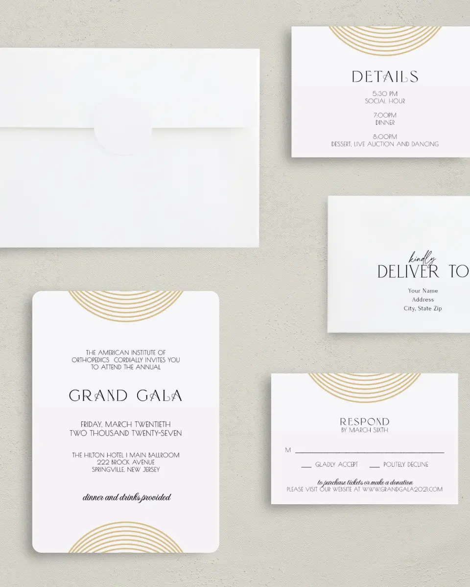 This is a 5" x 7" Rounded Gala Invitation called Golden Gala printed in full color with Gold foil on Luxe Satin (coated) paper