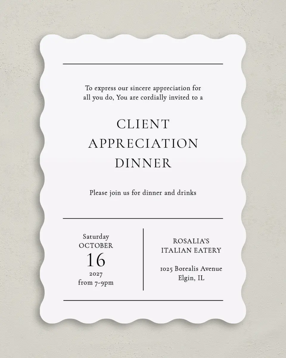 This is a 5" x 7" Wavy Gala Invitation called Simply Appreciated printed in full color
