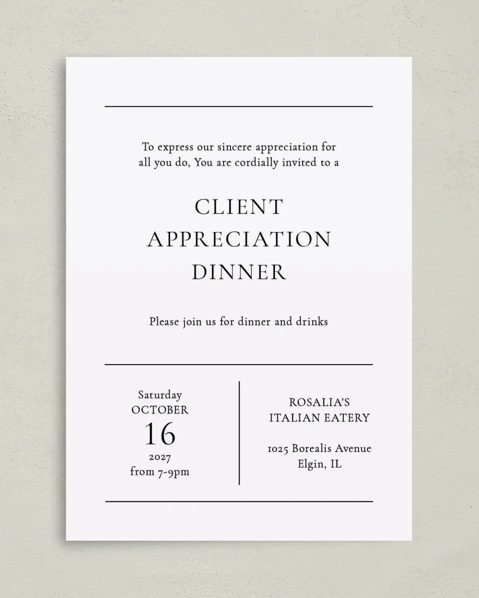 This is a 5" x 7" Rectangle Gala Invitation called Simply Appreciated printed in full color on Premium Smooth paper