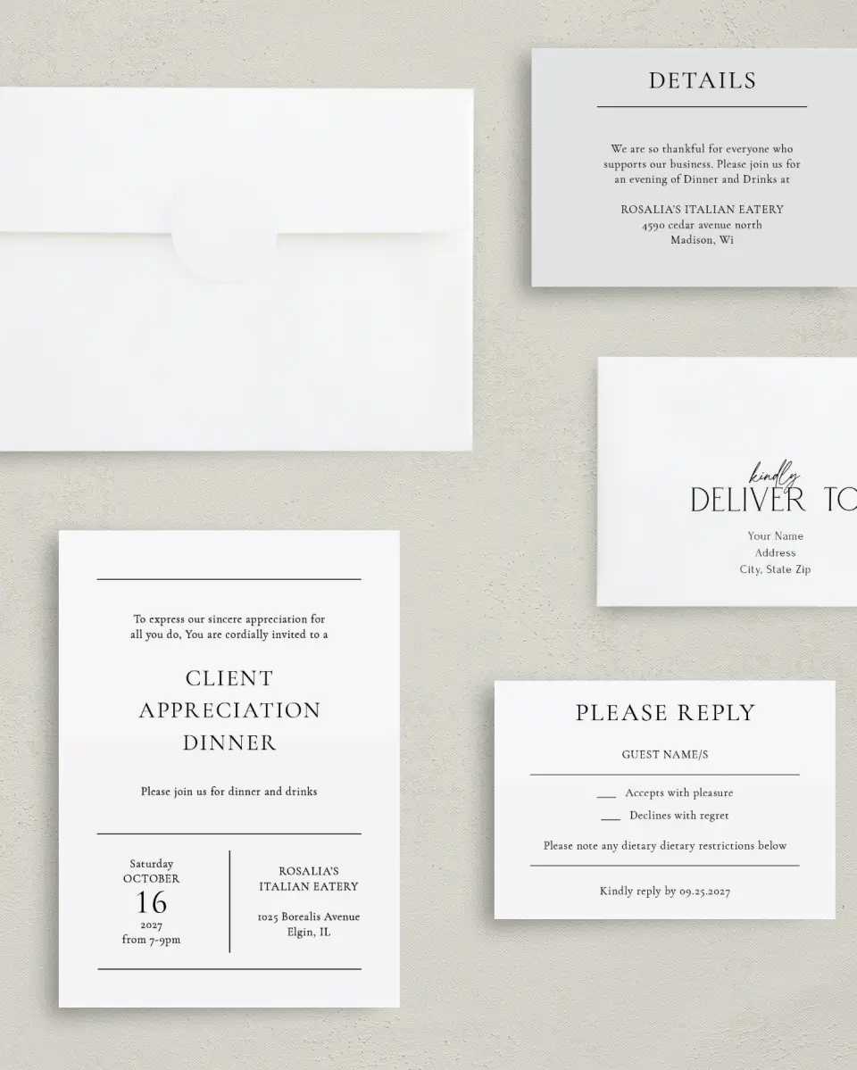 This is a 5" x 7" Rectangle Gala Invitation called Simply Appreciated printed in full color with Rose Gold foil on Luxe Satin (coated) paper