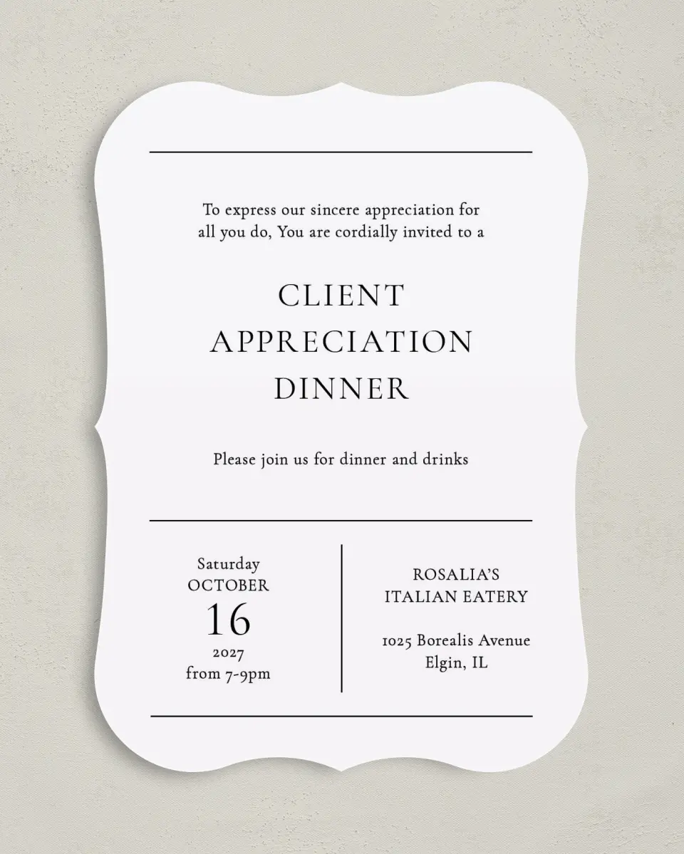 This is a 5" x 7" Bracket Gala Invitation called Simply Appreciated printed in full color on Premium Smooth paper