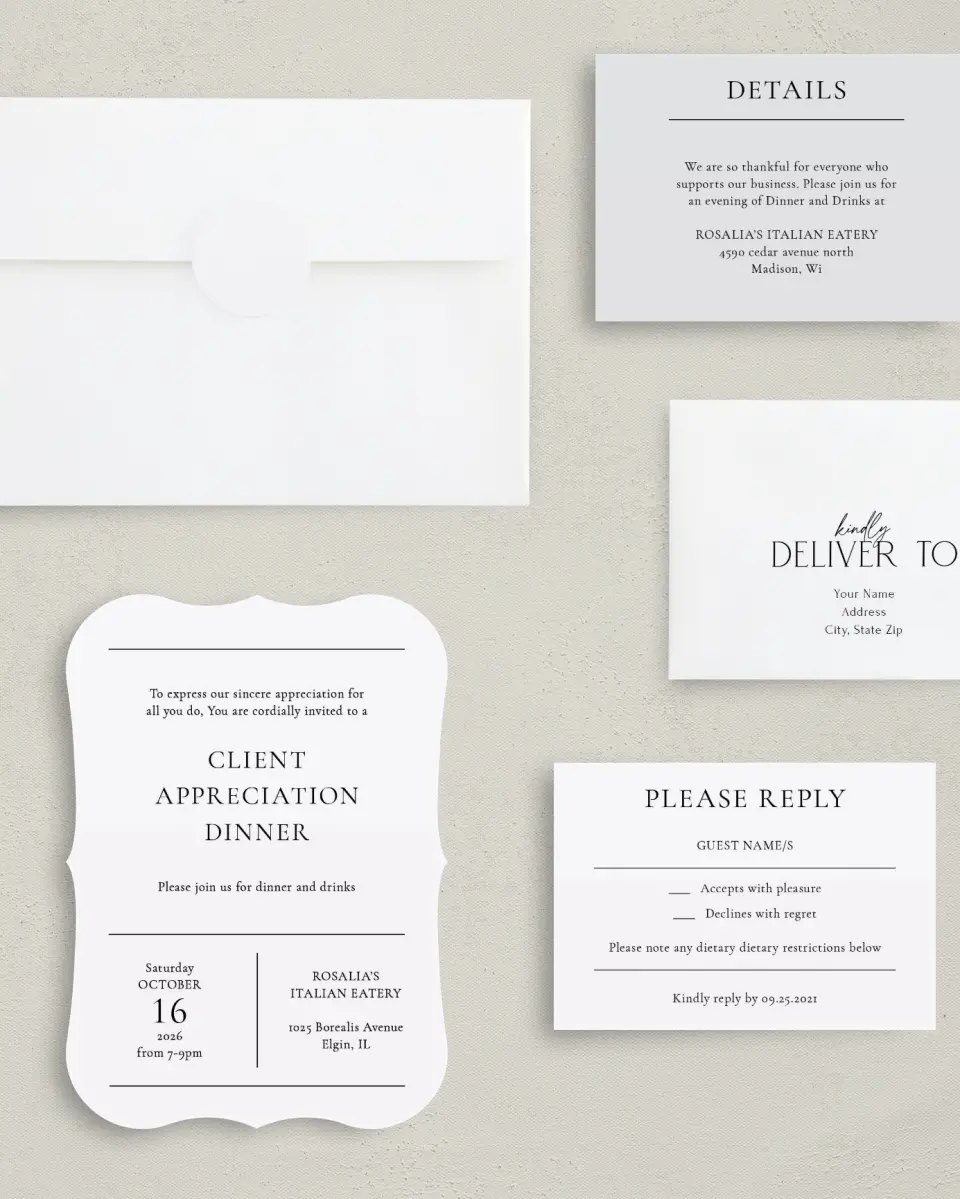 This is a 5" x 7" Bracket Gala Invitation called Simply Appreciated printed in full color with Gold foil on Luxe Satin (coated) paper