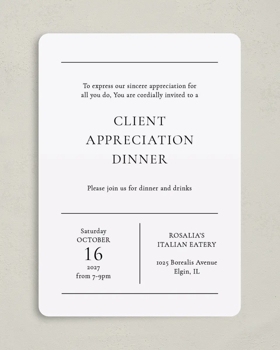 This is a 5" x 7" Rounded Gala Invitation called Simply Appreciated printed in full color on Premium Smooth paper