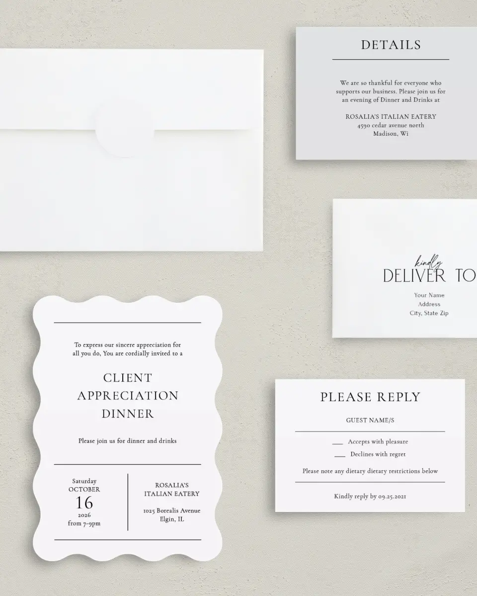 This is a 5" x 7" Wavy Gala Invitation called Simply Appreciated printed in full color with Gold foil on Luxe Satin (coated) paper