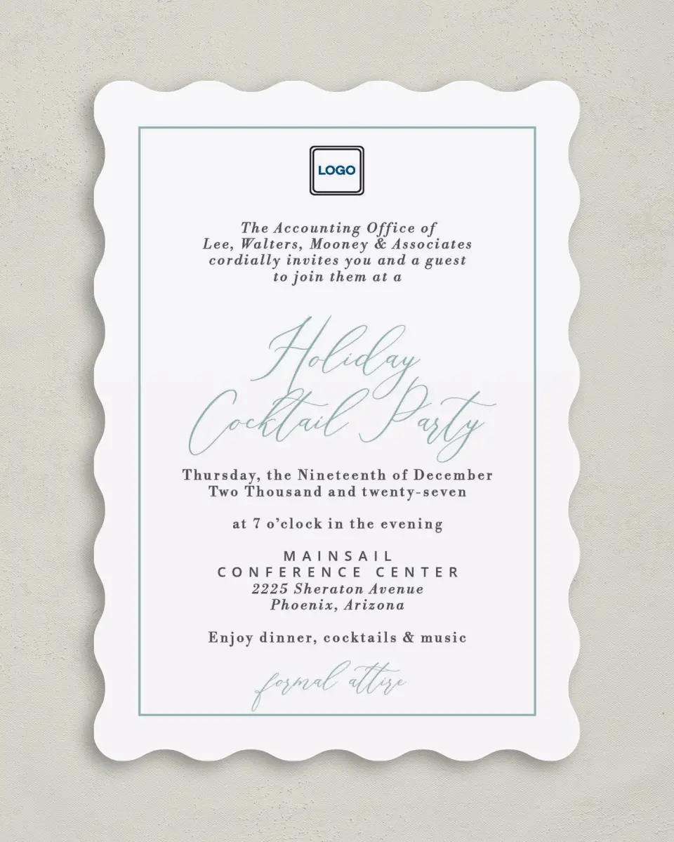 This is a 5" x 7" Wavy Gala Invitation called Formal Holiday Party printed in full color