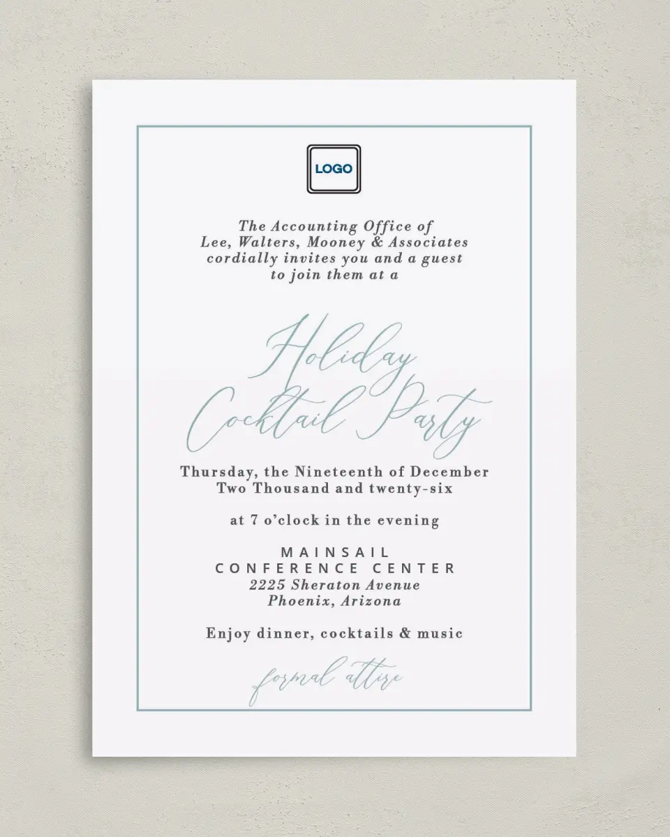 This is a 5" x 7" Rectangle Gala Invitation called Formal Holiday Party printed in full color on Premium Smooth paper
