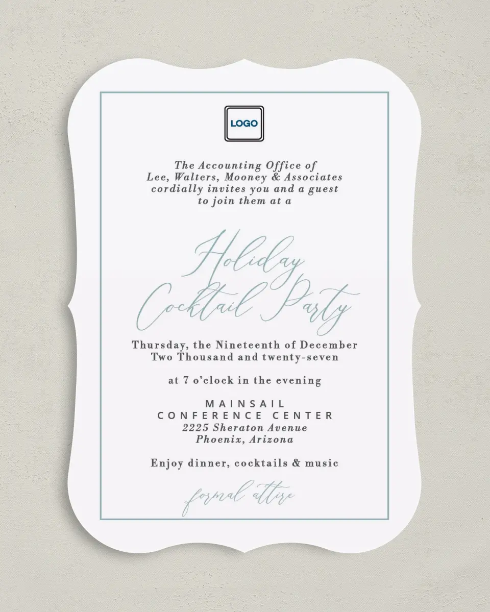This is a 5" x 7" Bracket Gala Invitation called Formal Holiday Party printed in full color on Premium Smooth paper