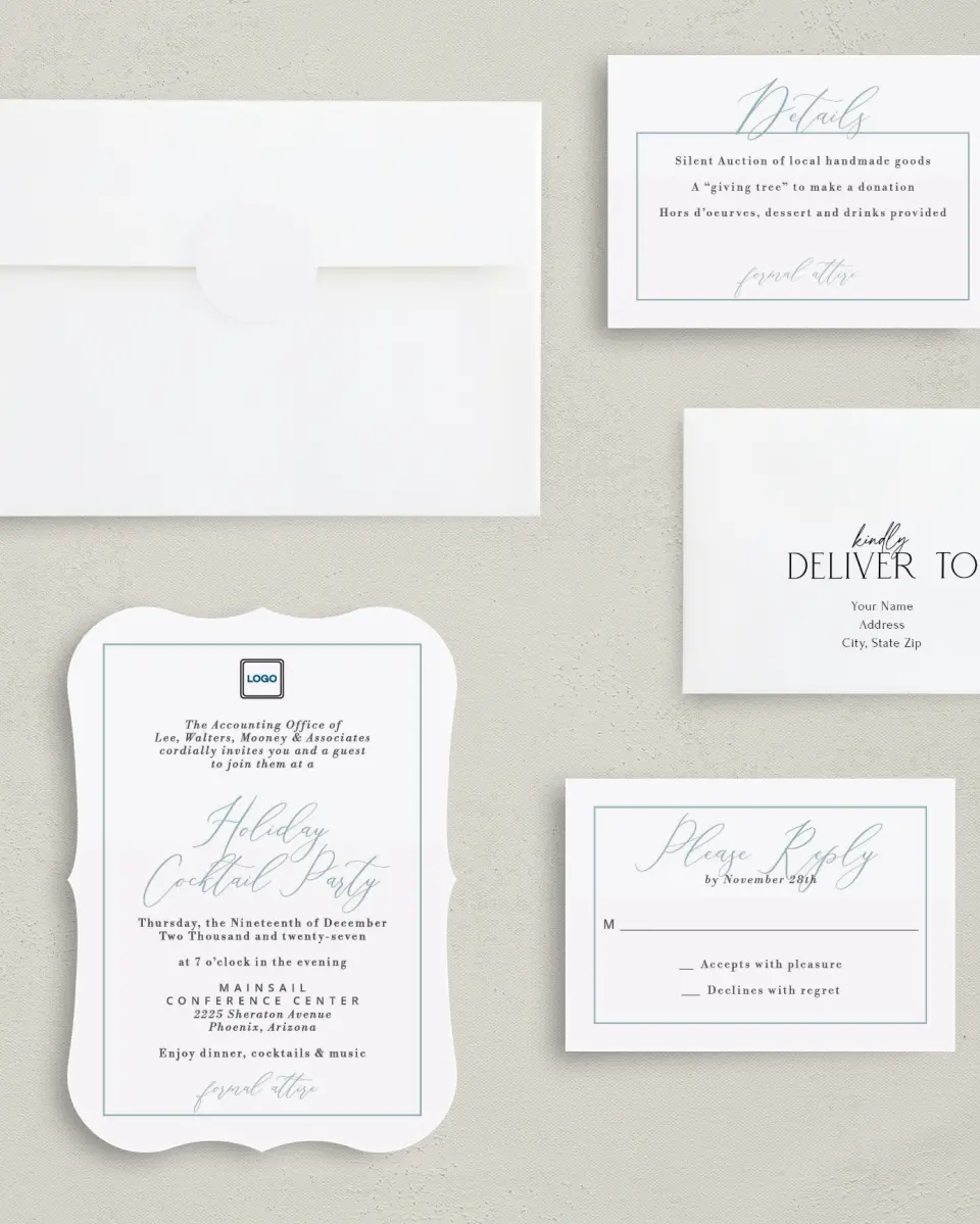 This is a 5" x 7" Bracket Gala Invitation called Formal Holiday Party printed in full color with Silver foil on Luxe Satin (coated) paper