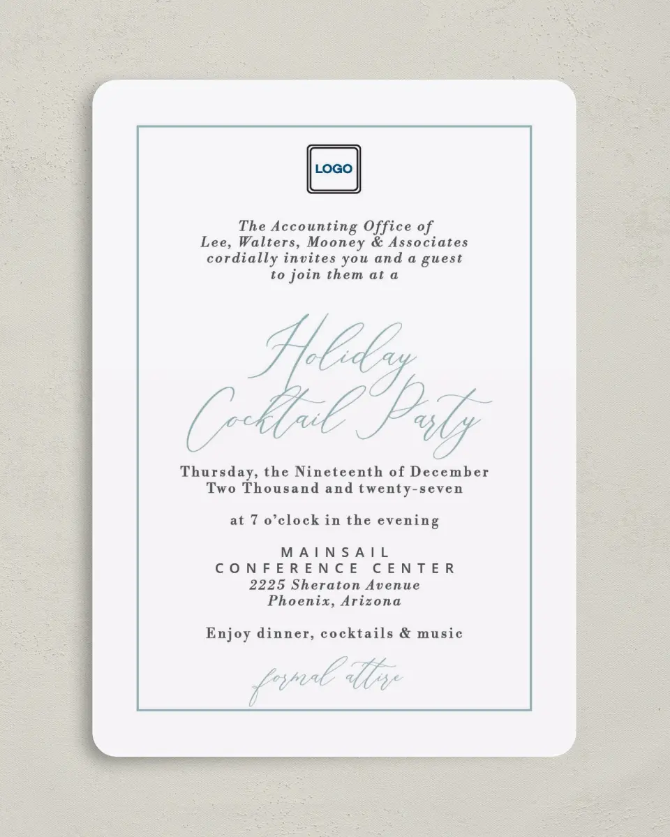 This is a 5" x 7" Rounded Gala Invitation called Formal Holiday Party printed in full color on Premium Smooth paper