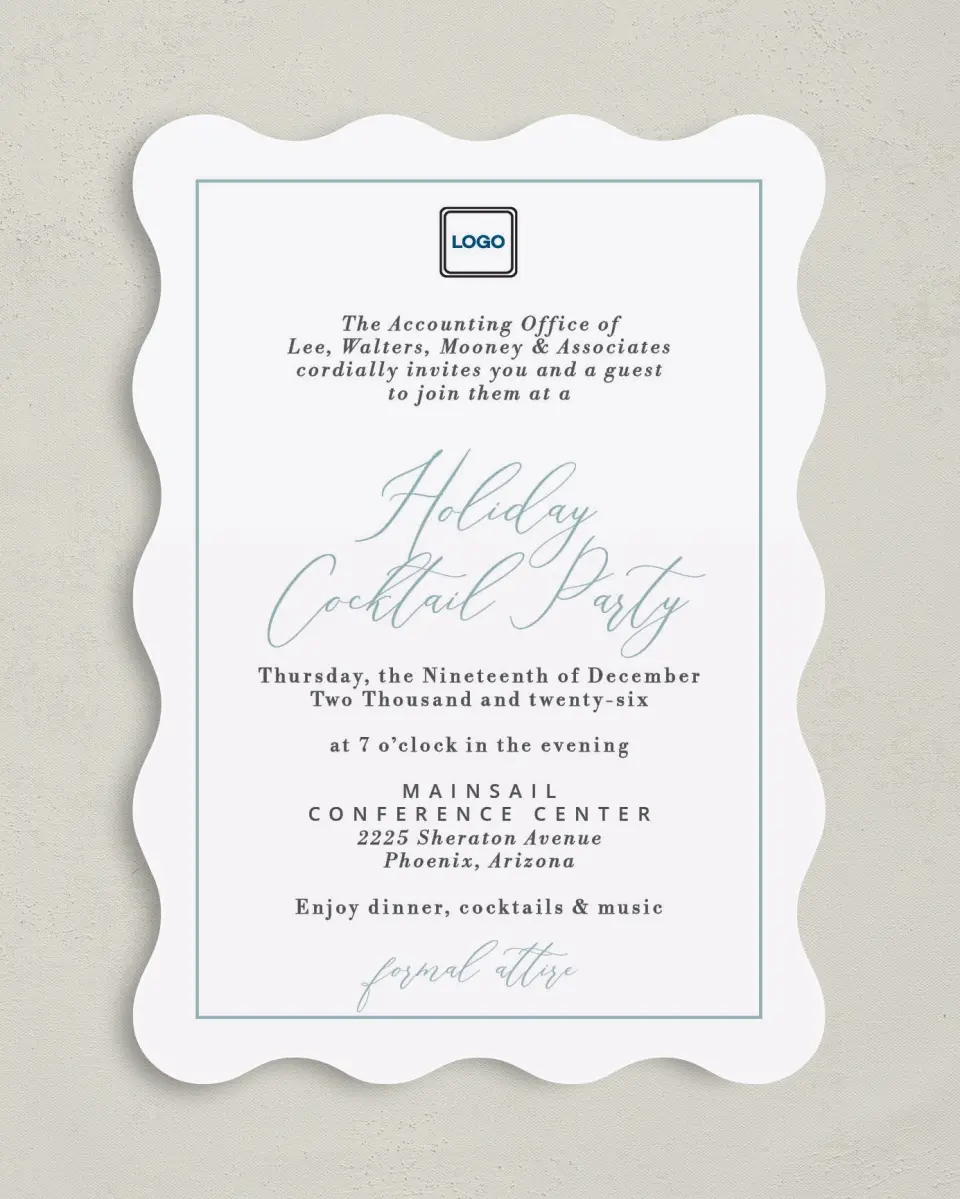This is a 5" x 7" Wavy Gala Invitation called Formal Holiday Party printed in full color
