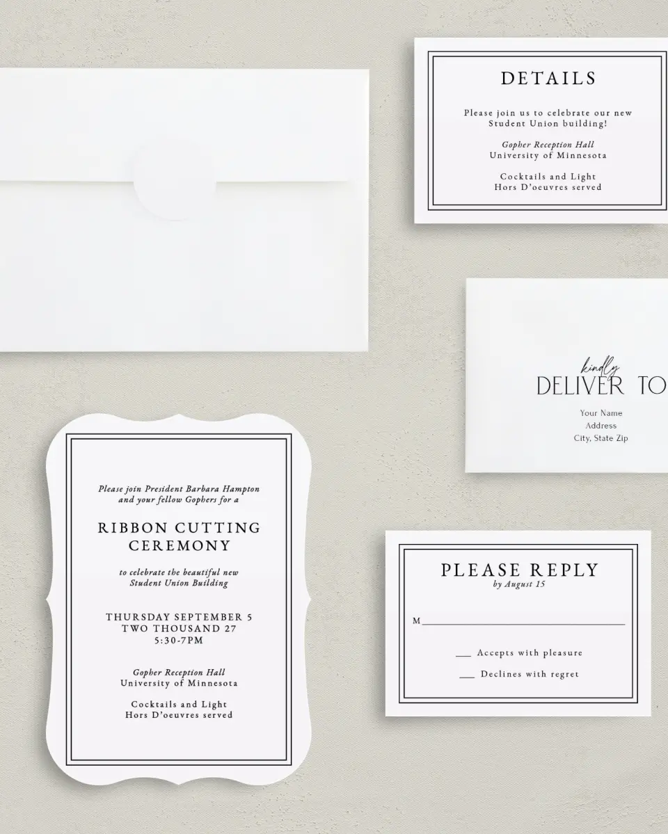 This is a 5" x 7" Bracket Gala Invitation called The Great Debut printed in full color with Silver foil on Luxe Satin (coated) paper