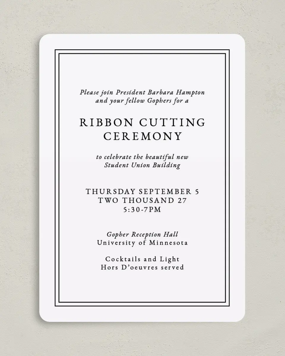 This is a 5" x 7" Rounded Gala Invitation called The Great Debut printed in full color on Premium Smooth paper