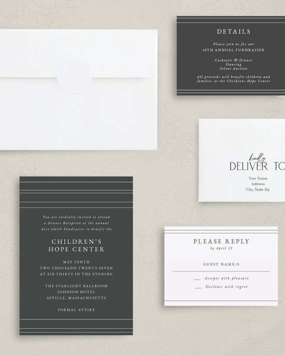 This is a 5" x 7" Rectangle Gala Invitation called Night to Remember printed in full color with Rose Gold foil on Luxe Satin (coated) paper