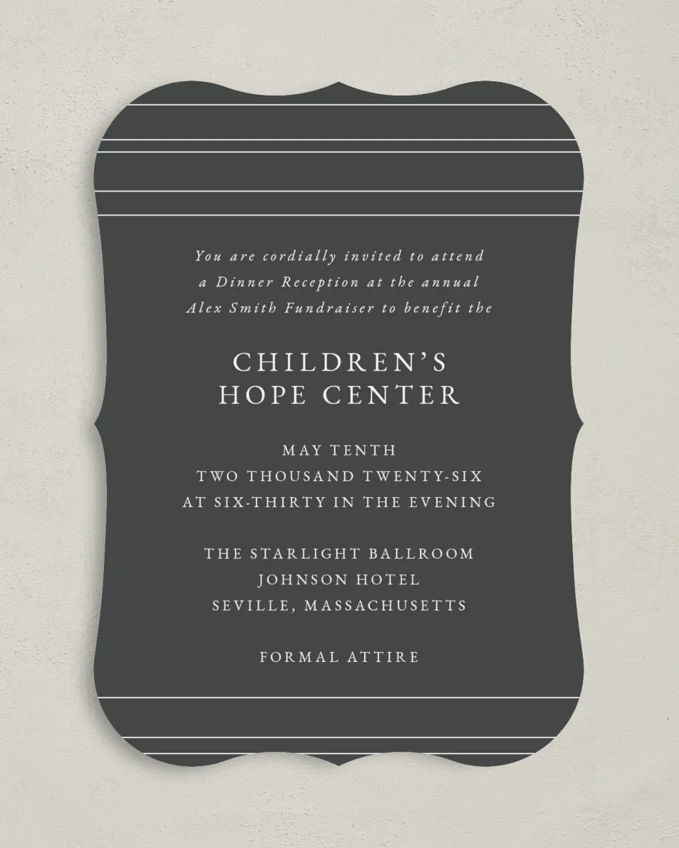 This is a 5" x 7" Bracket Gala Invitation called Night to Remember printed in full color on Premium Smooth paper