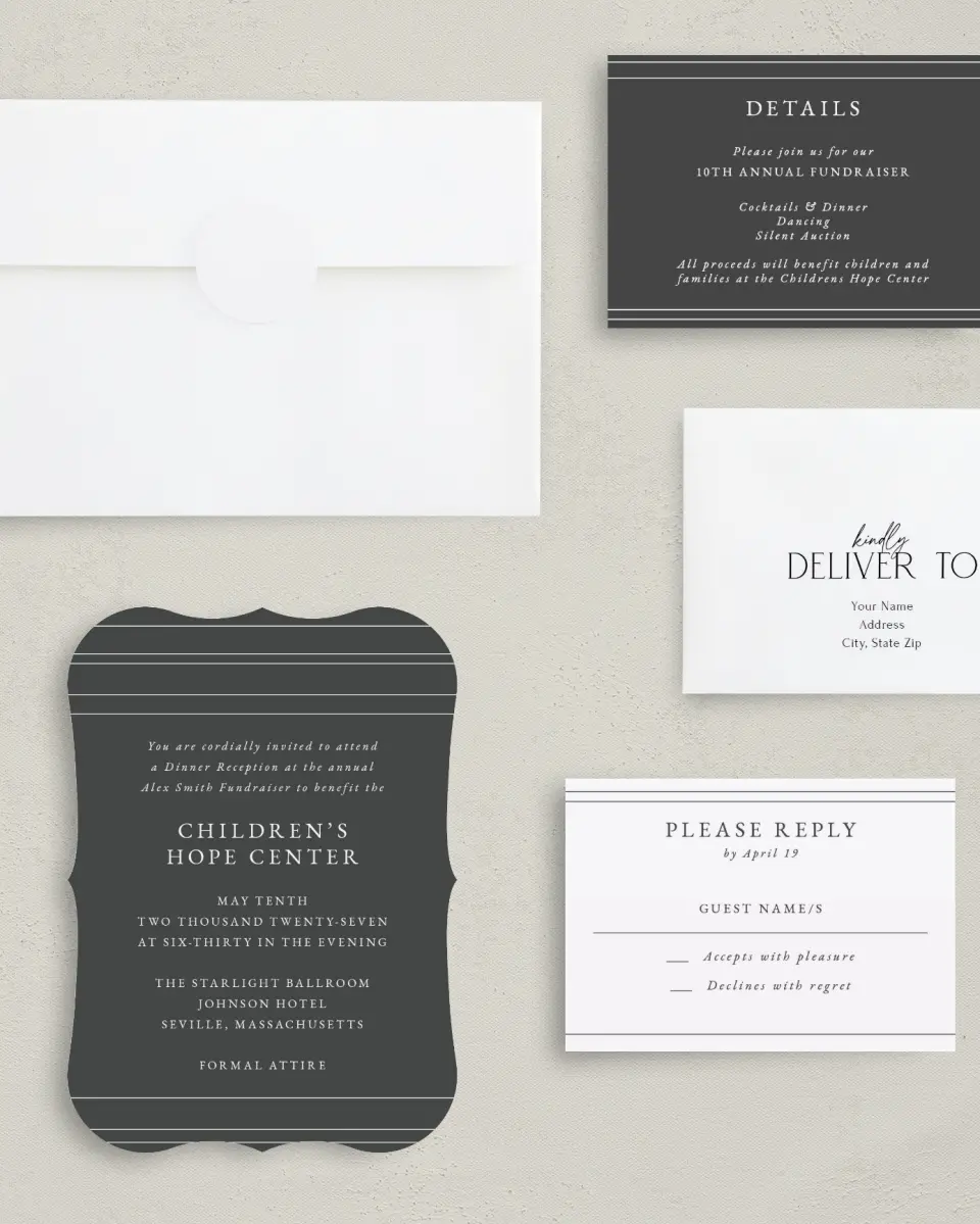 This is a 5" x 7" Bracket Gala Invitation called Night to Remember printed in full color with Silver foil on Luxe Satin (coated) paper