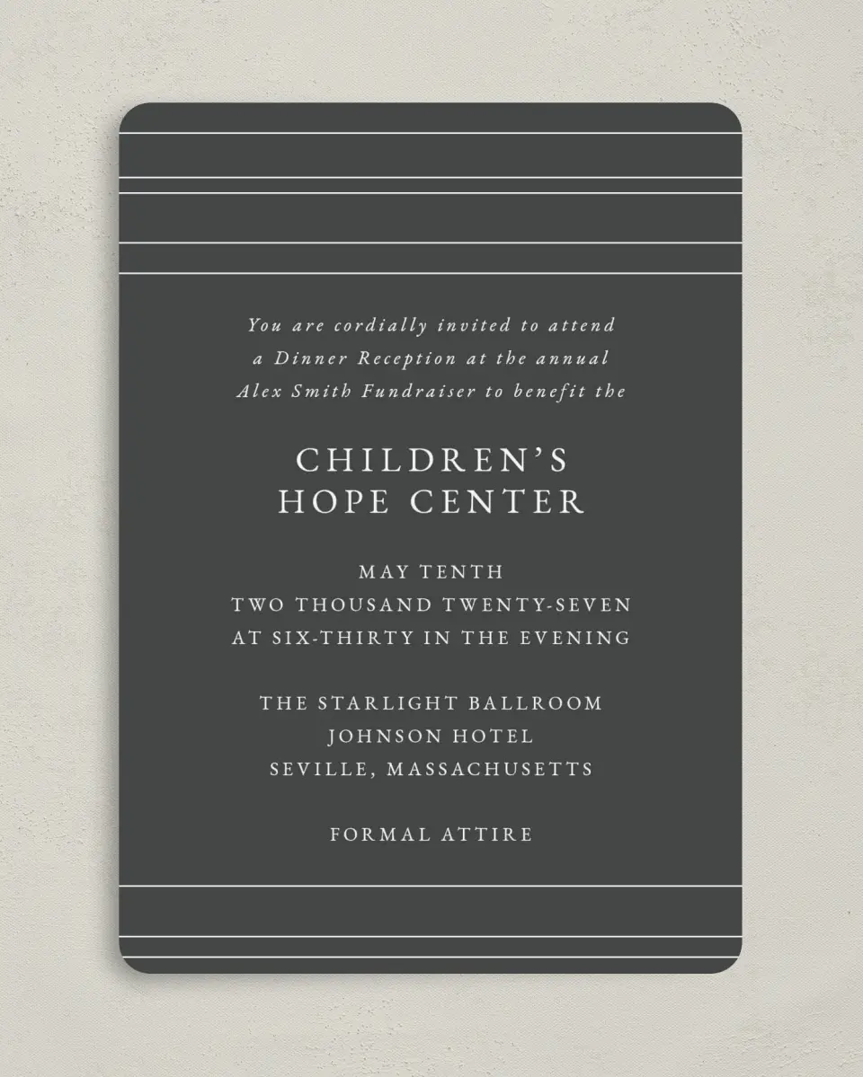 This is a 5" x 7" Rounded Gala Invitation called Night to Remember printed in full color on Premium Smooth paper