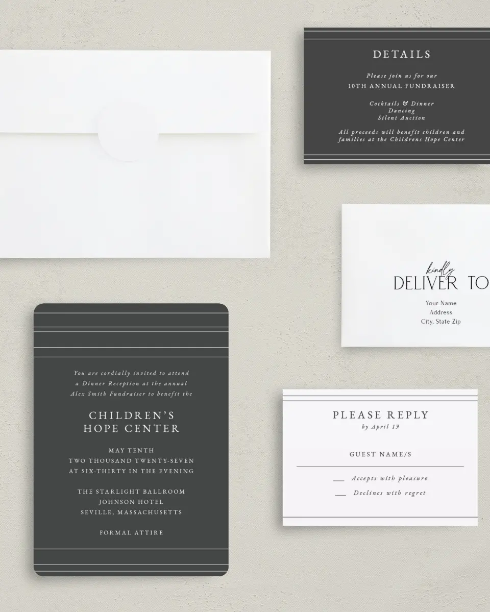 This is a 5" x 7" Rounded Gala Invitation called Night to Remember printed in full color with Gold foil on Luxe Satin (coated) paper