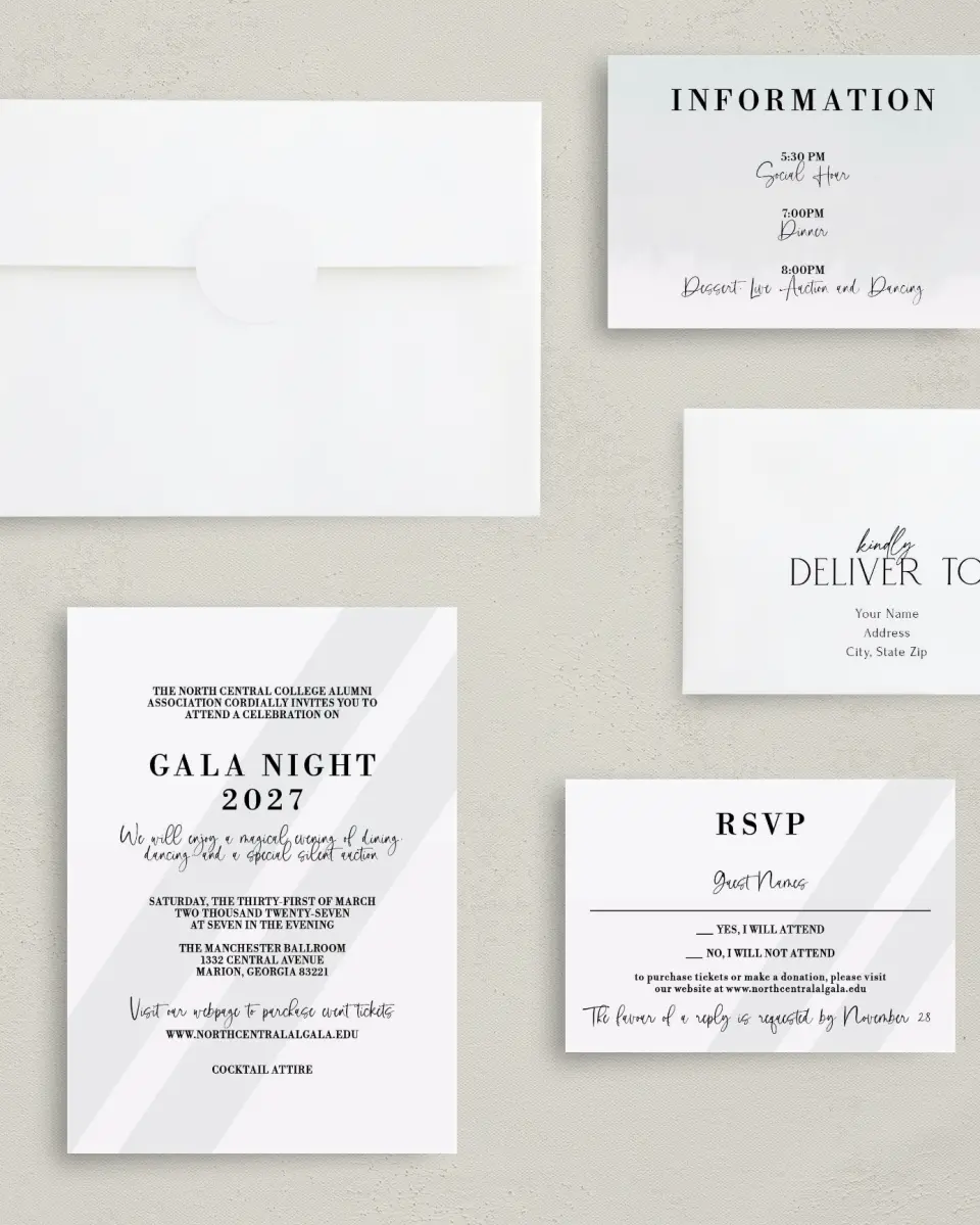 This is a 5" x 7" Rectangle Gala Invitation called Glamorous Gala printed in full color with Rose Gold foil on Luxe Satin (coated) paper