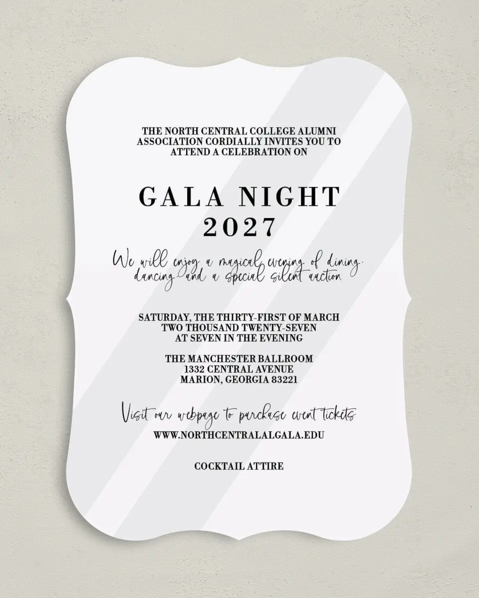 This is a 5" x 7" Bracket Gala Invitation called Glamorous Gala printed in full color on Premium Smooth paper