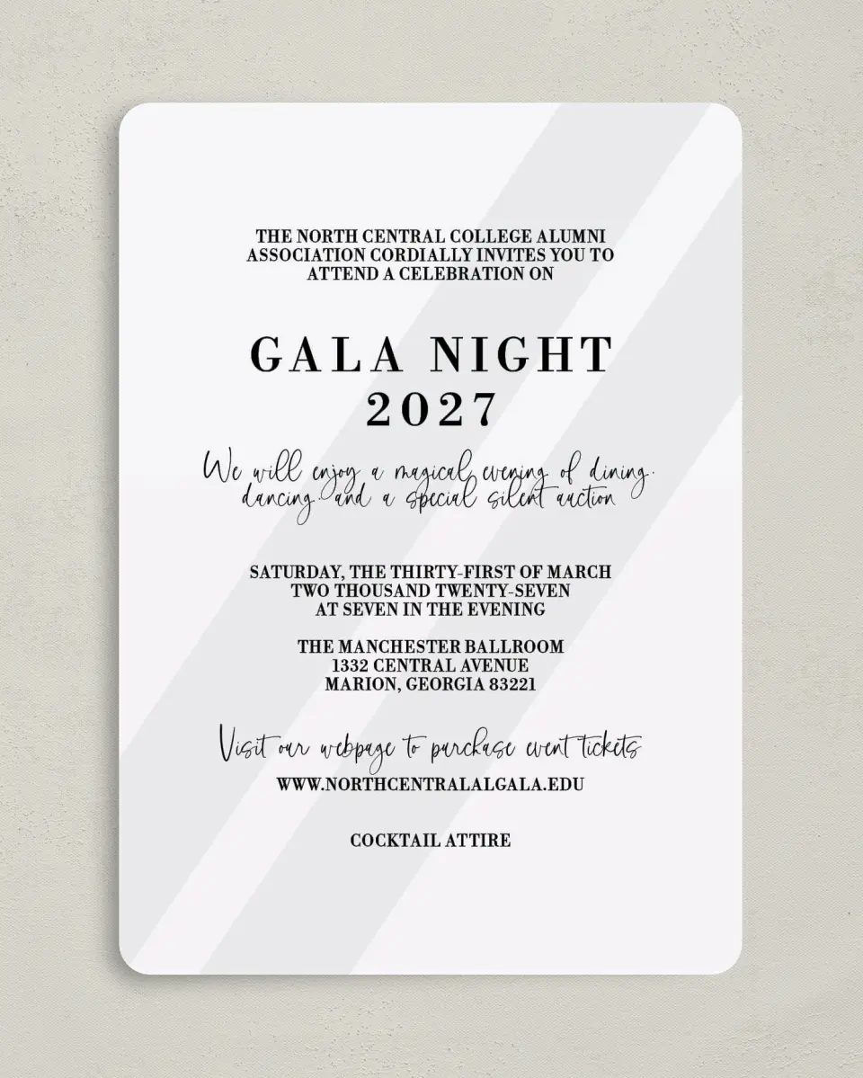 This is a 5" x 7" Rounded Gala Invitation called Glamorous Gala printed in full color on Premium Smooth paper